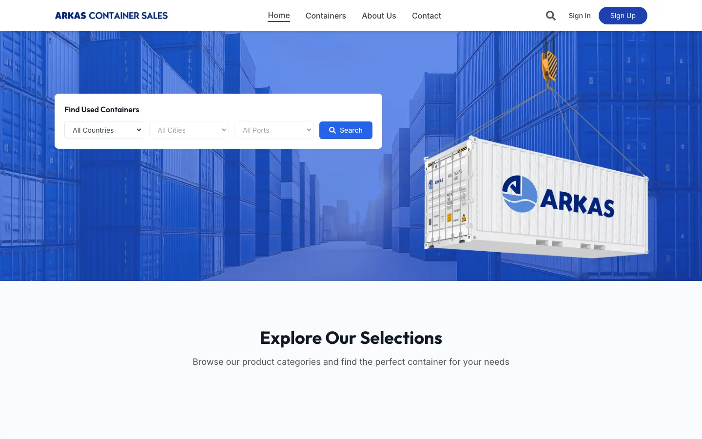 Arkas Container Sales ana sayfasının ekran görüntüsü